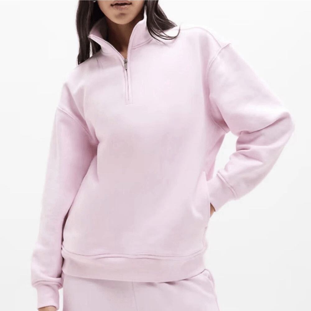 Athleta Forever Fleece 1/4 Zip Sweatshirt Primrose Pink Lounge Travel Womens XL